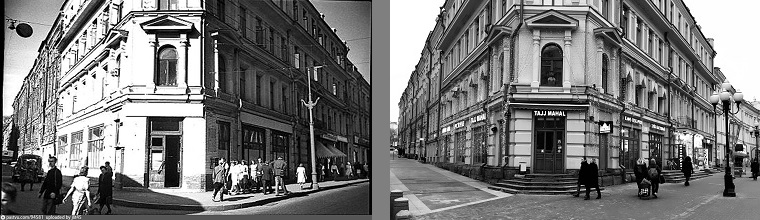 Арбат 6/2 вид на Арбатский переулок 1964 год (фото взято с сайта pastvu.com) и 2019 год.