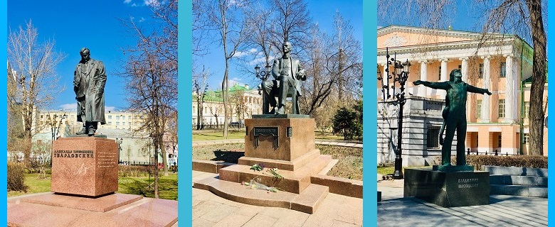 Памятники Твардовскому, Рахманинову и Высоцкому на Страстном бульваре.