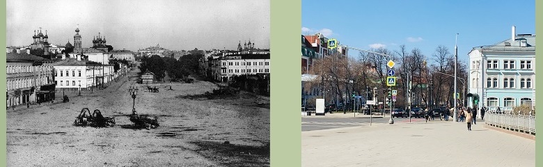 Начало Петровского бульвара от Трубной площади 1883 г. (фото с сайта ok.ru/group57835047419956) и 2019 год