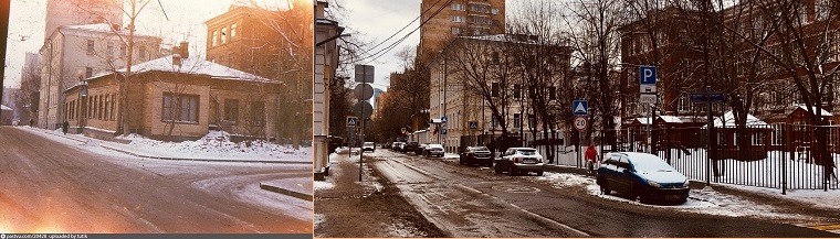 Гагаринский переулок, справа школа 1529. Фото 1973 г. с сайта pastvu.com и фото 2019 года.