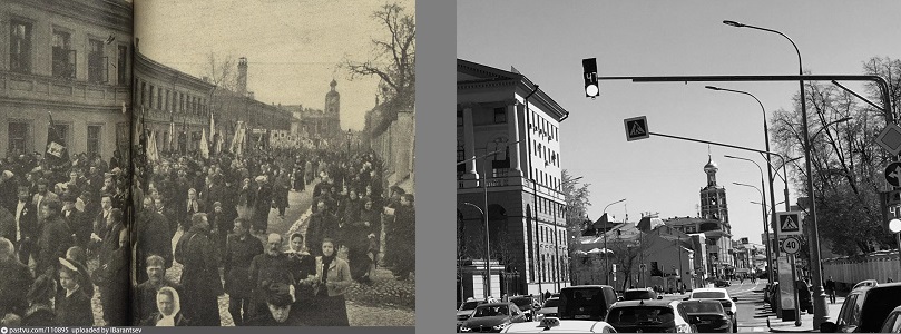 улица Петровка шествие монархистов 1907 г. (с сайта pastvu.com) и улица Петровка (фото 2019 г.)