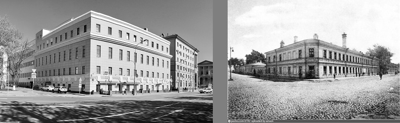 Пересечение Петровки и Среднего Каретного переулка 2019 г. Вид на Петровские казармы 1913 г. (с сайта pastvu.com)