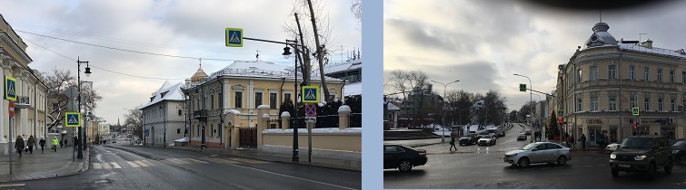 Вид на Пречистенку со стороны площади Пречистенских ворот и вид на Пречистенку в направлении Храма Христа Спасителя.