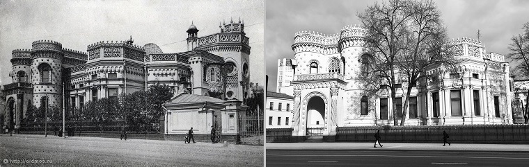 Улица Воздвиженка 16. Фото 1899 г. ( с сайта bitbazar.ru) и 2019 г.