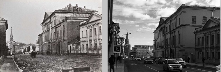 Улица Воздвиженка 5. Фото 1890 г. (с сайта bestlj.ru) и 2019 г.
